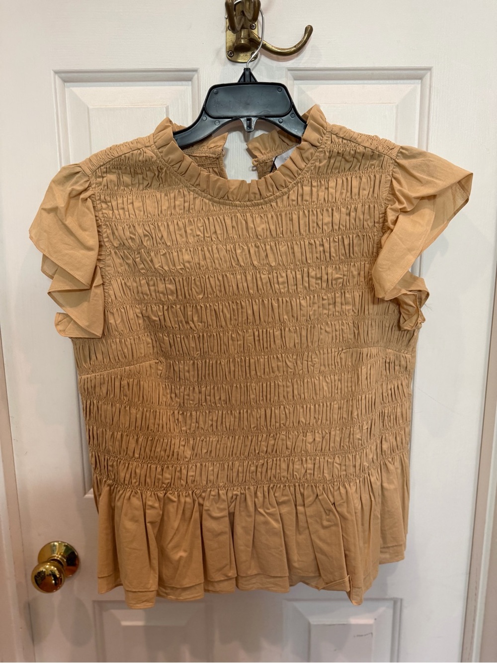 Sugarlips Tan Smocked Ruffle Sleeve Blouse